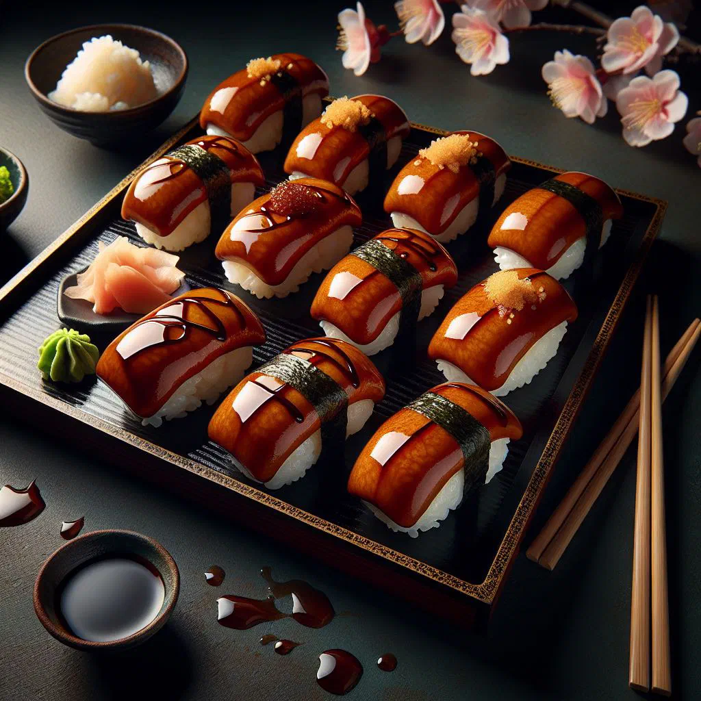 Inarizushi pouches of seasoned tofu filled with sushi rice on a plate