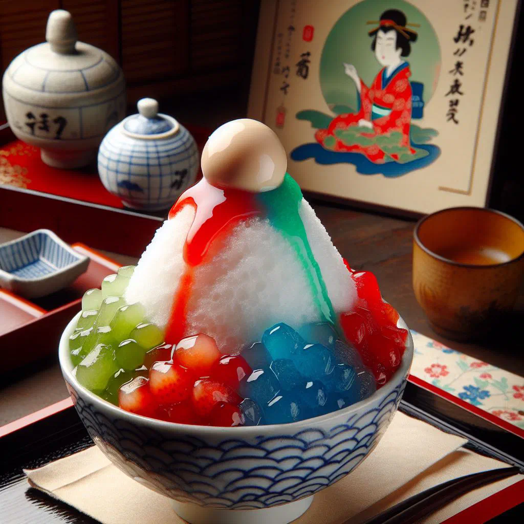 A bowl of fluffy shaved ice drizzled with bright fruit syrup and fresh fruit