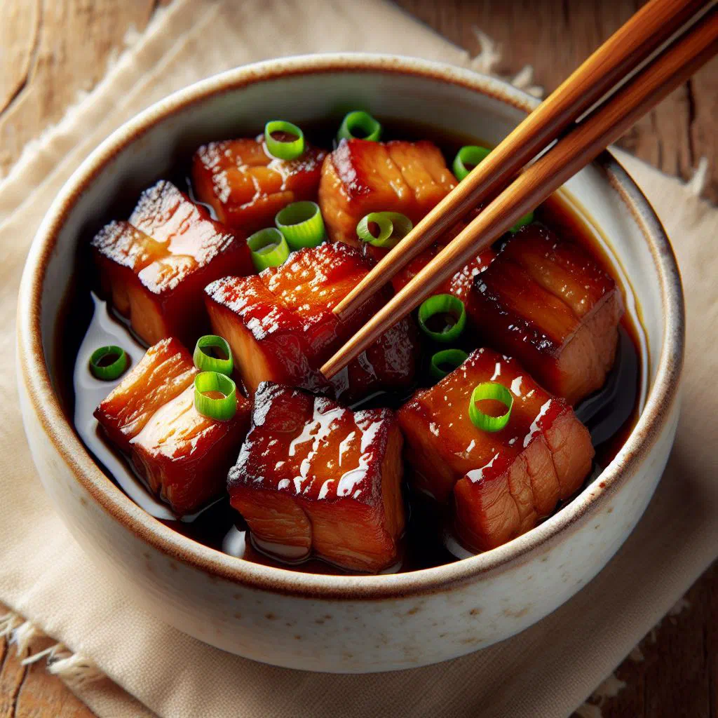 Glossy braised pork belly cubes garnished with spring onion over rice