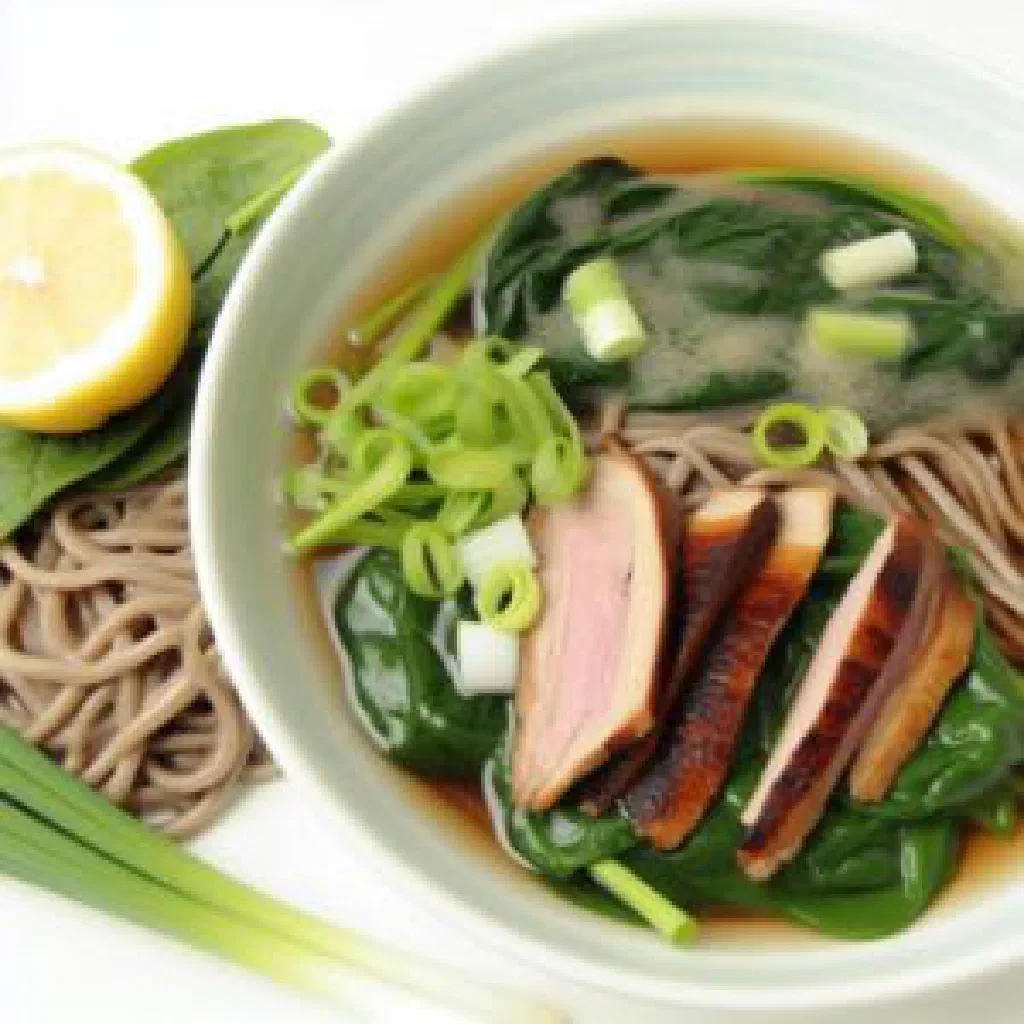 Bowl of kamo nanban with sliced duck breast, noodles and spring onions in broth
