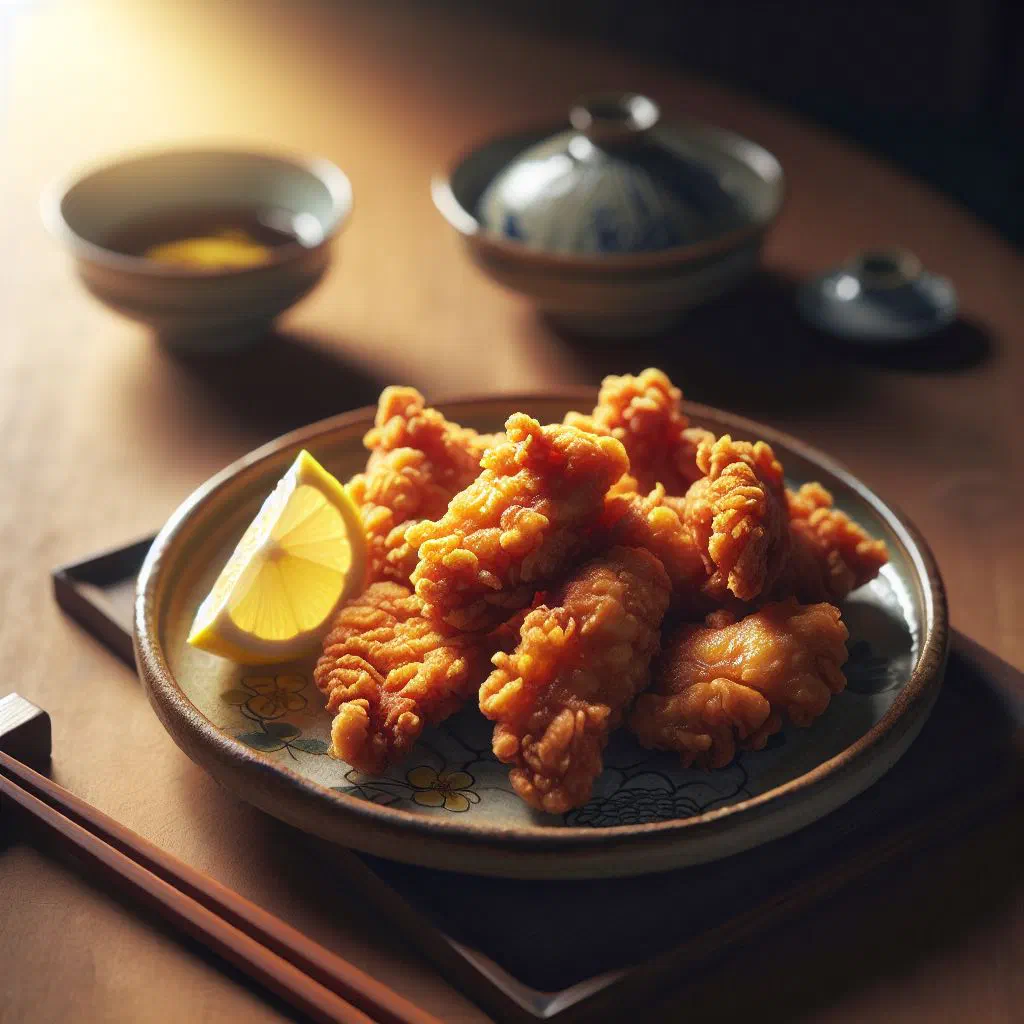 Crispy golden Japanese karaage fried chicken with a wedge of lemon