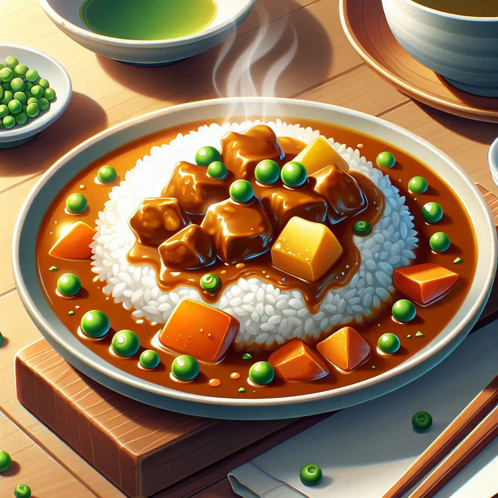 Japanese kare raisu curry served over steamed rice on a plate