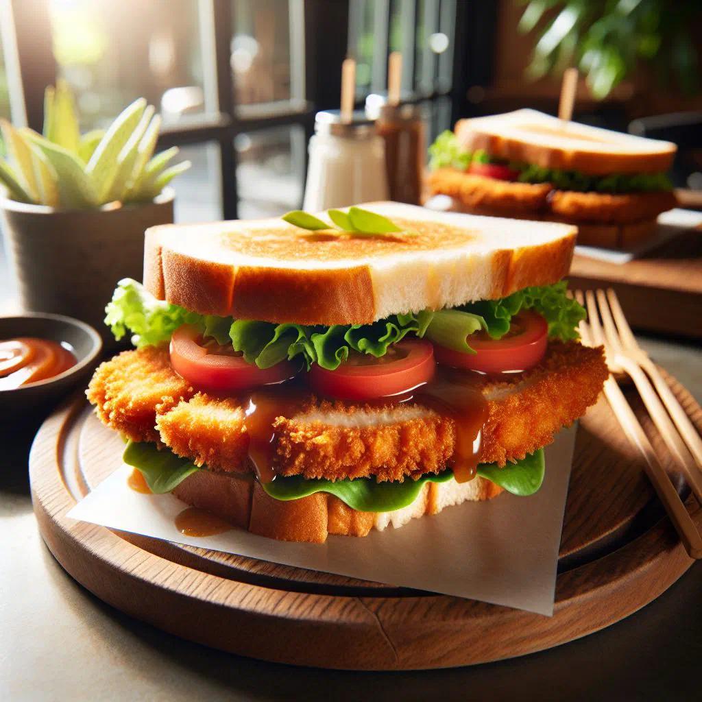 Katsu sandwich with crispy breaded pork between slices of soft white bread