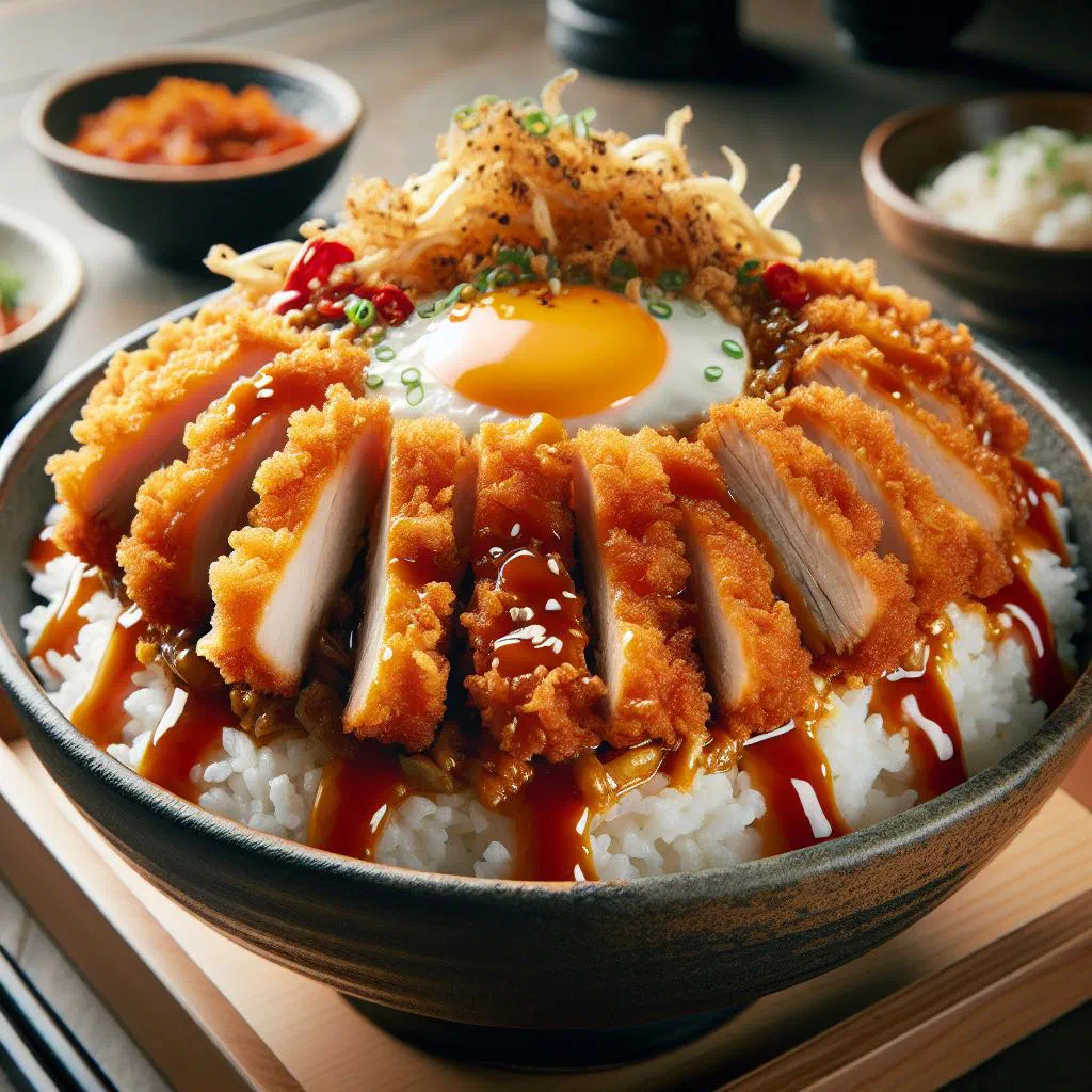 Katsudon rice bowl topped with breaded pork cutlet, egg and spring onions