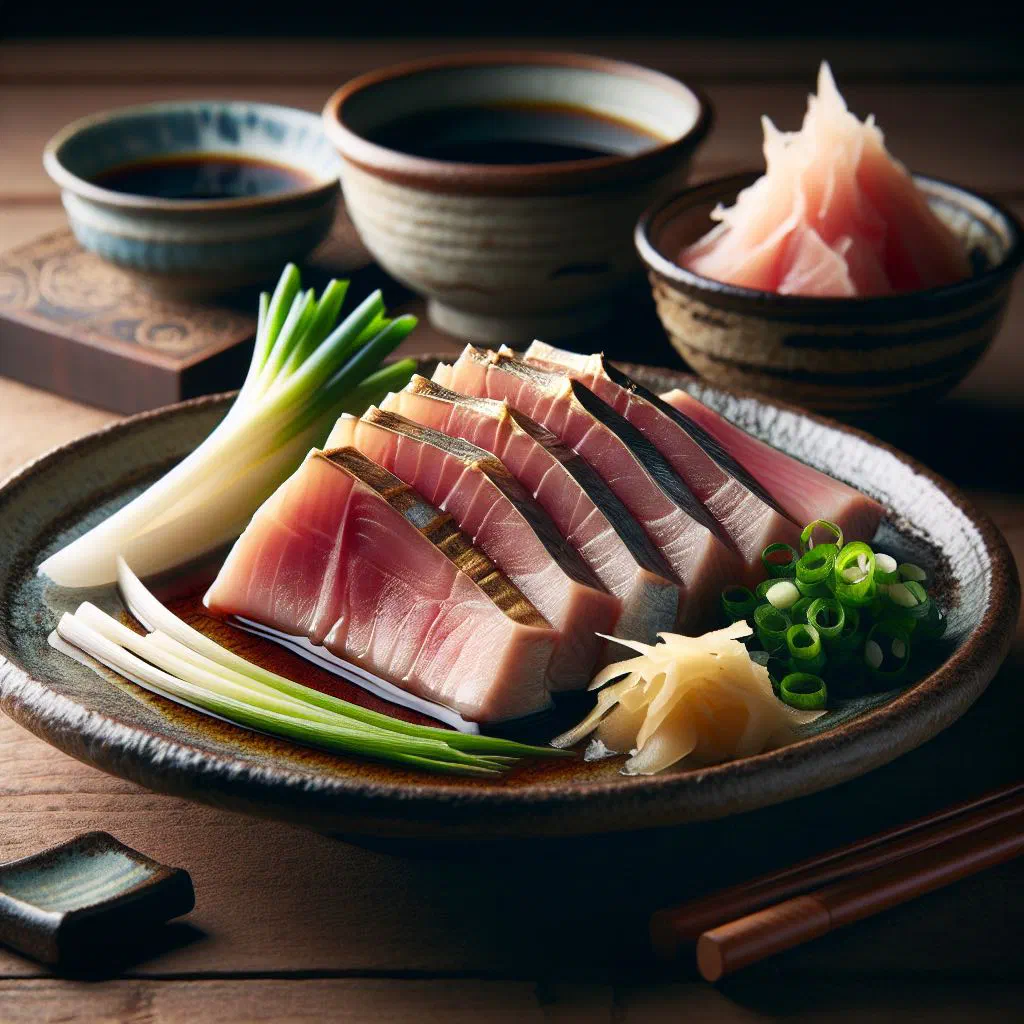 Seared bonito slices garnished with spring onions and ginger