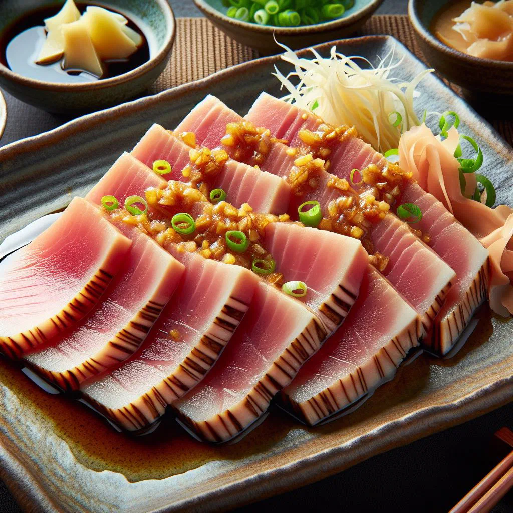 Seared bonito sliced thin and garnished with spring onions and ginger