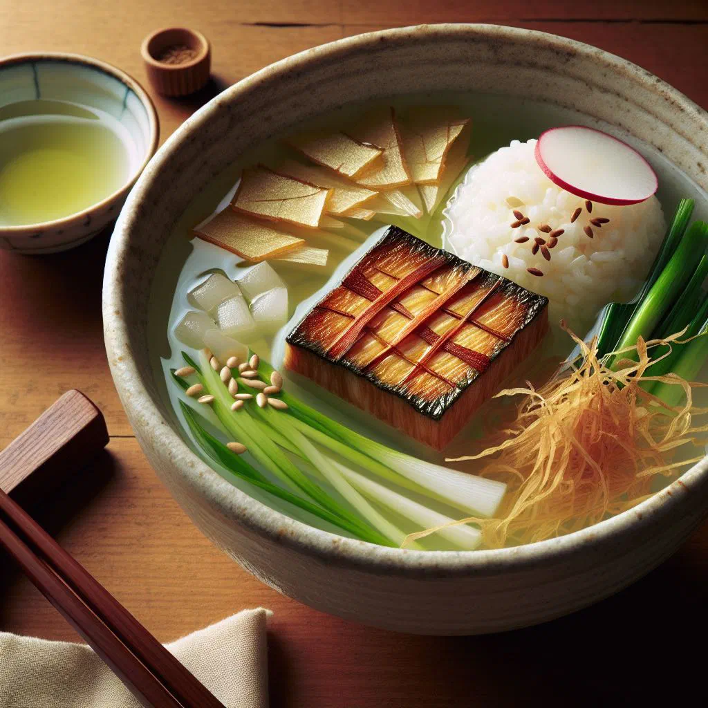 Bowl of katsuobushi ochazuke with bonito flakes, spring onions and nori over rice