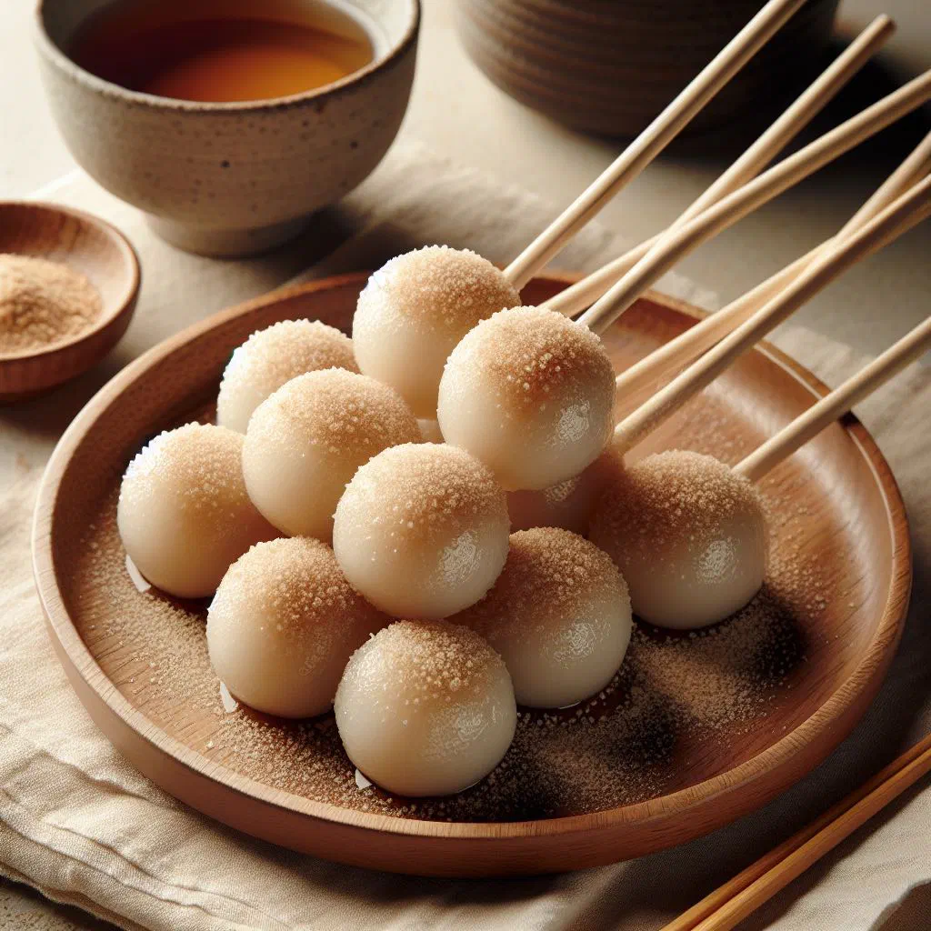Steamed kinako dango rice balls dusted with roasted soybean flour