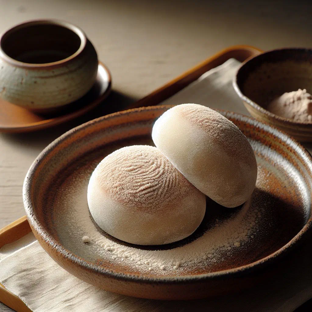 Soft mochi pieces dusted in golden roasted soya bean flour