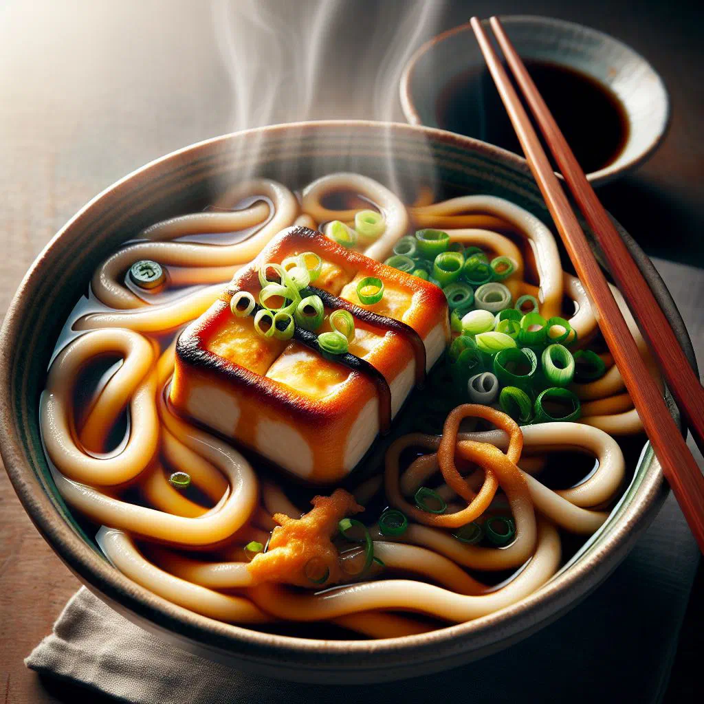 Bowl of kitsune udon with fried tofu and spring onions in dashi broth