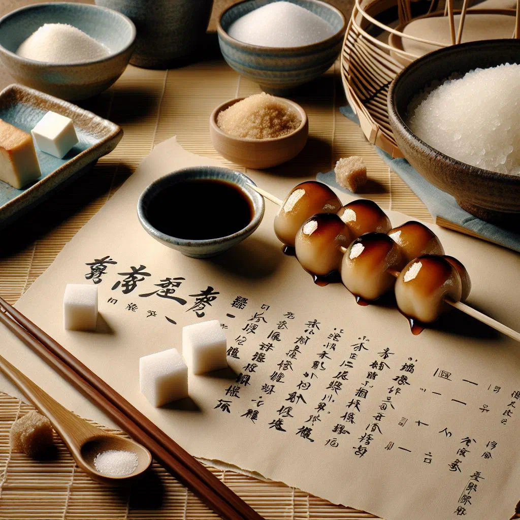Grilled kushi dango rice dumplings on skewers glazed with sweet soy sauce