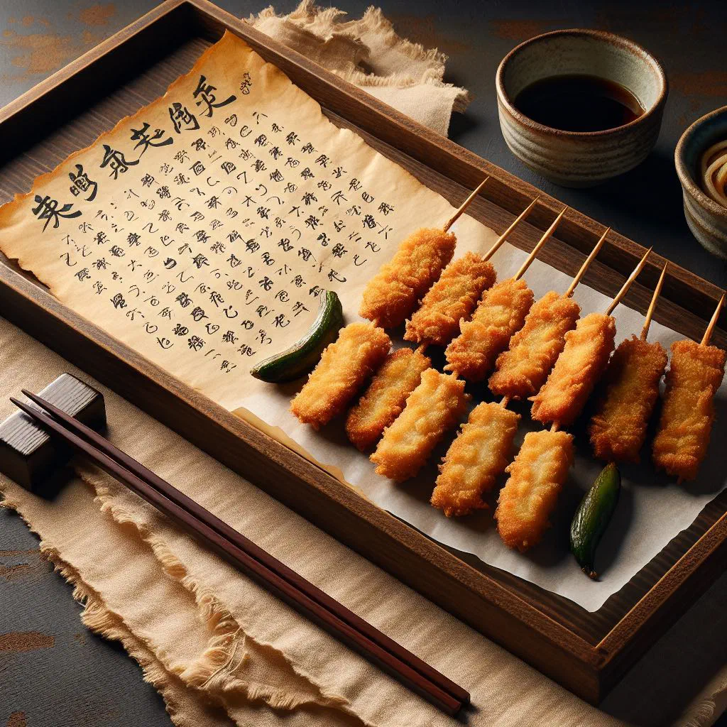 Golden deep-fried kushi-katsu skewers with dipping sauce