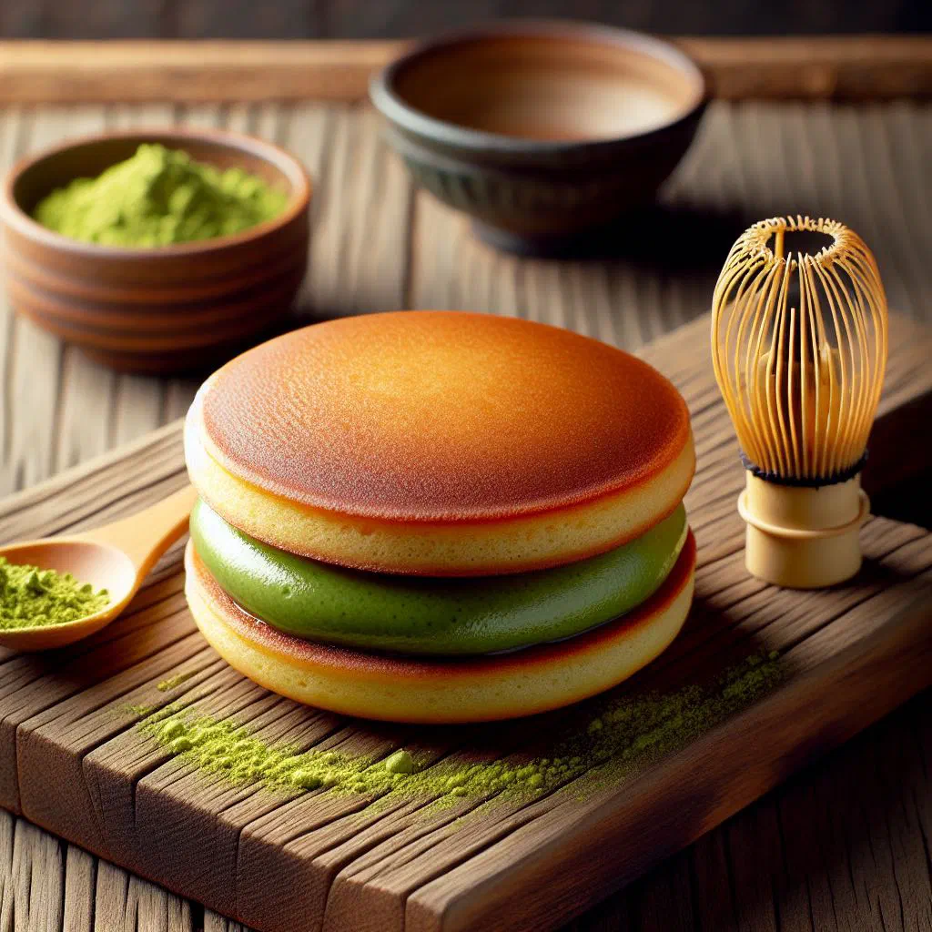 Matcha dorayaki pancakes filled with green matcha red bean paste
