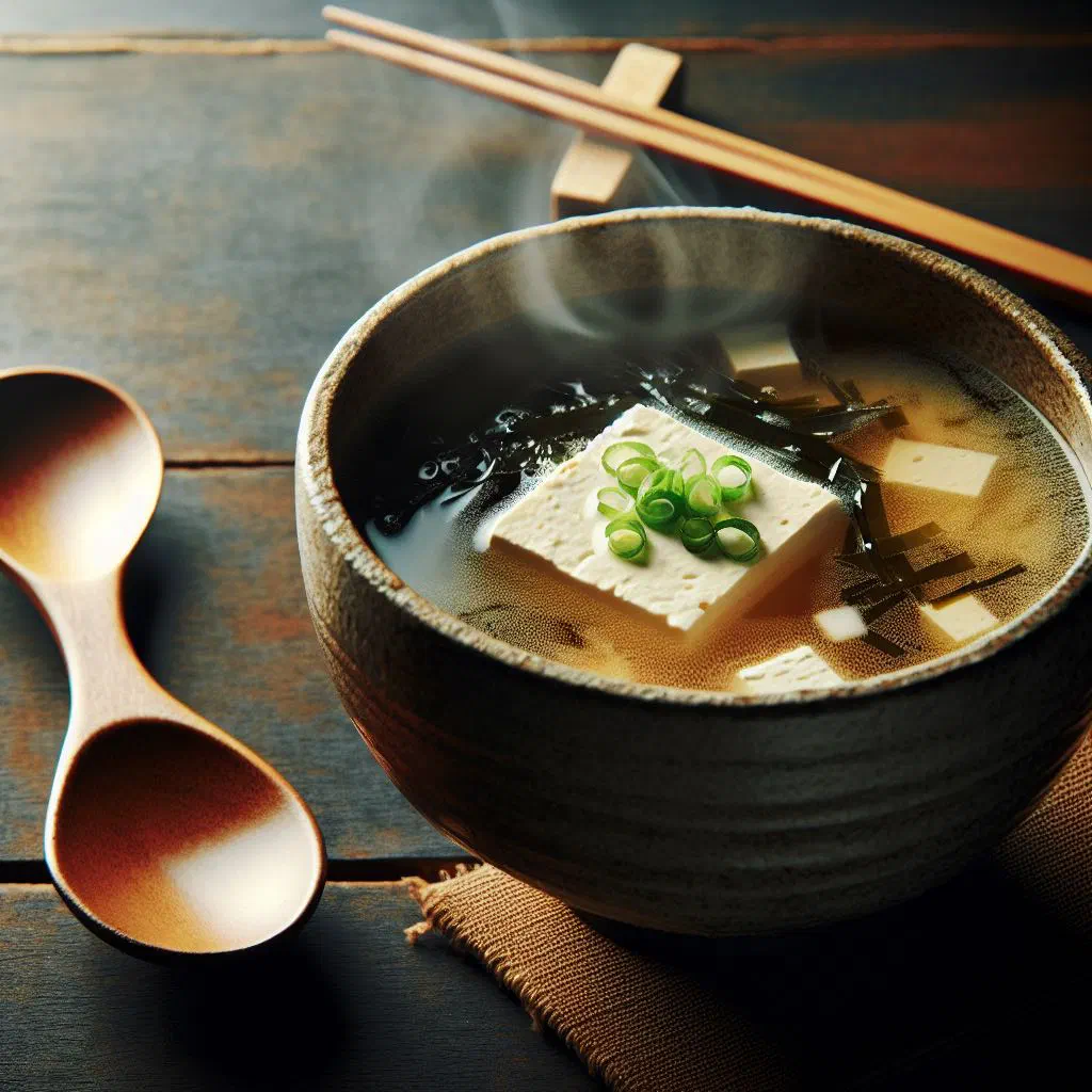 A bowl of miso soup with tofu cubes, wakame seaweed and spring onions