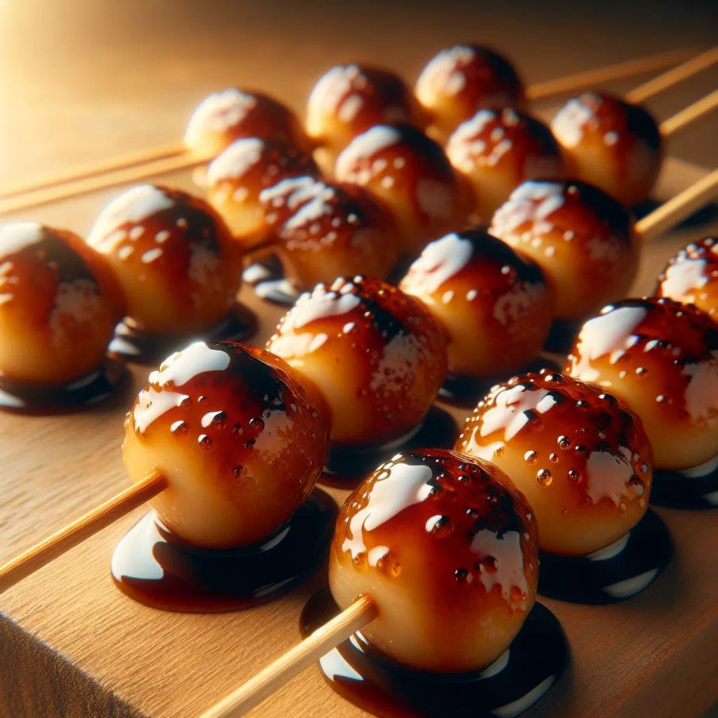 Skewered mitarashi dango glazed with glossy sweet soy sauce