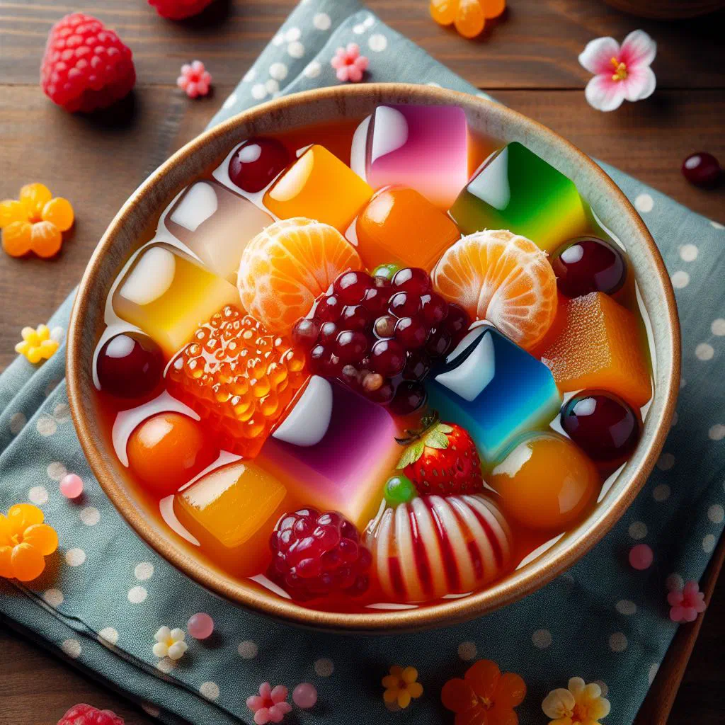 Mitsumame with clear agar jelly cubes, fresh fruit and sweet syrup in a glass bowl