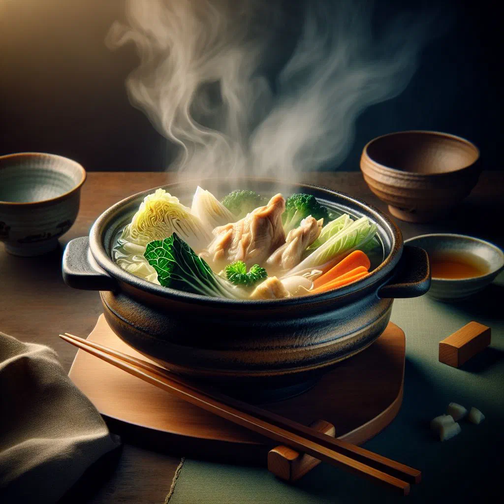 Mizutaki chicken hot pot with vegetables in a steaming broth