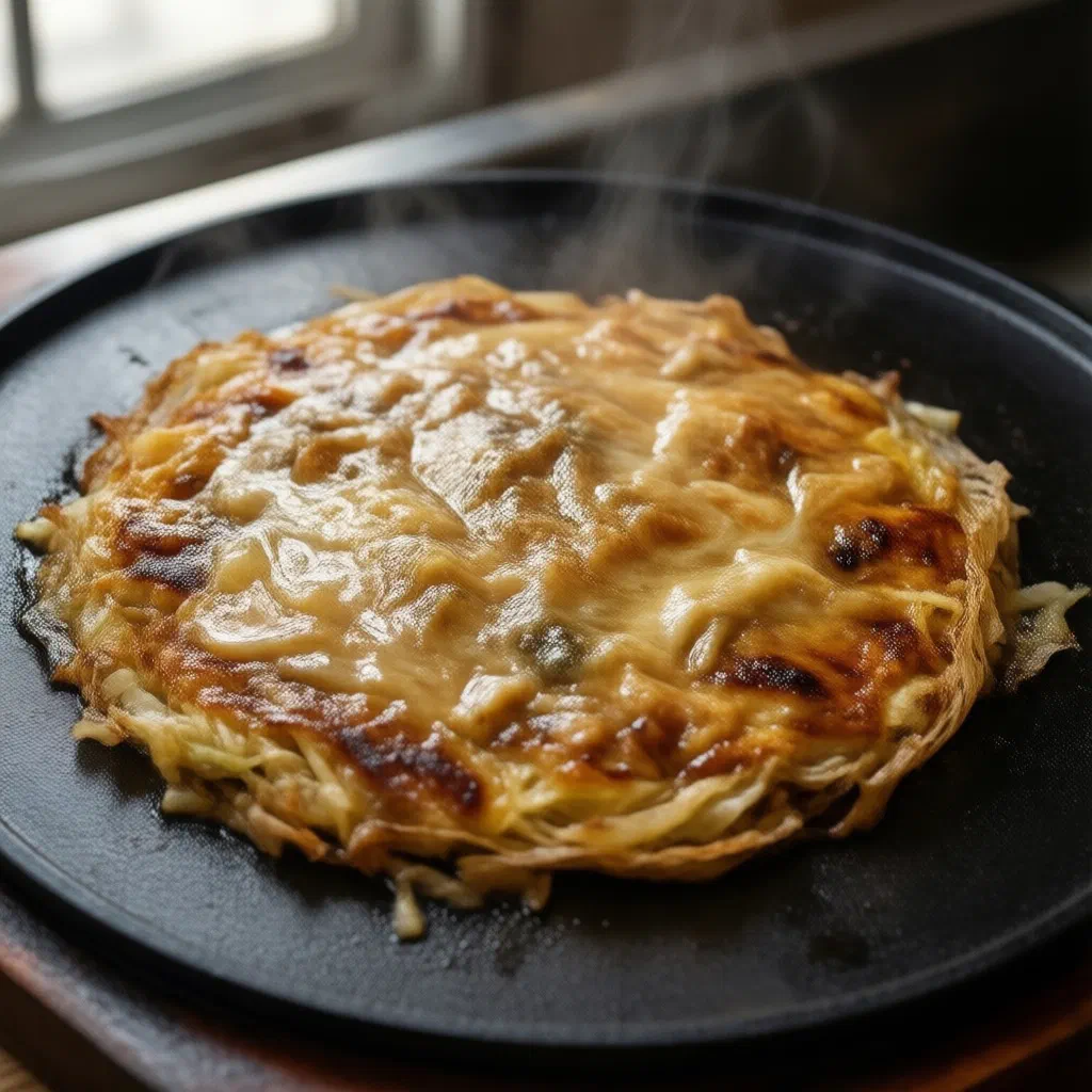 Monjayaki cooked on a hot griddle with cabbage and spring onions