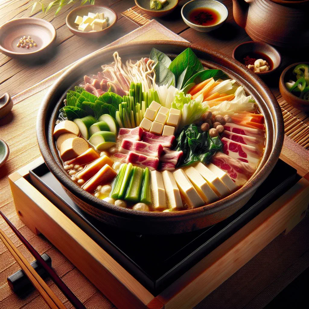 Steaming Japanese nabe hot pot with sliced meat, tofu, mushrooms and vegetables