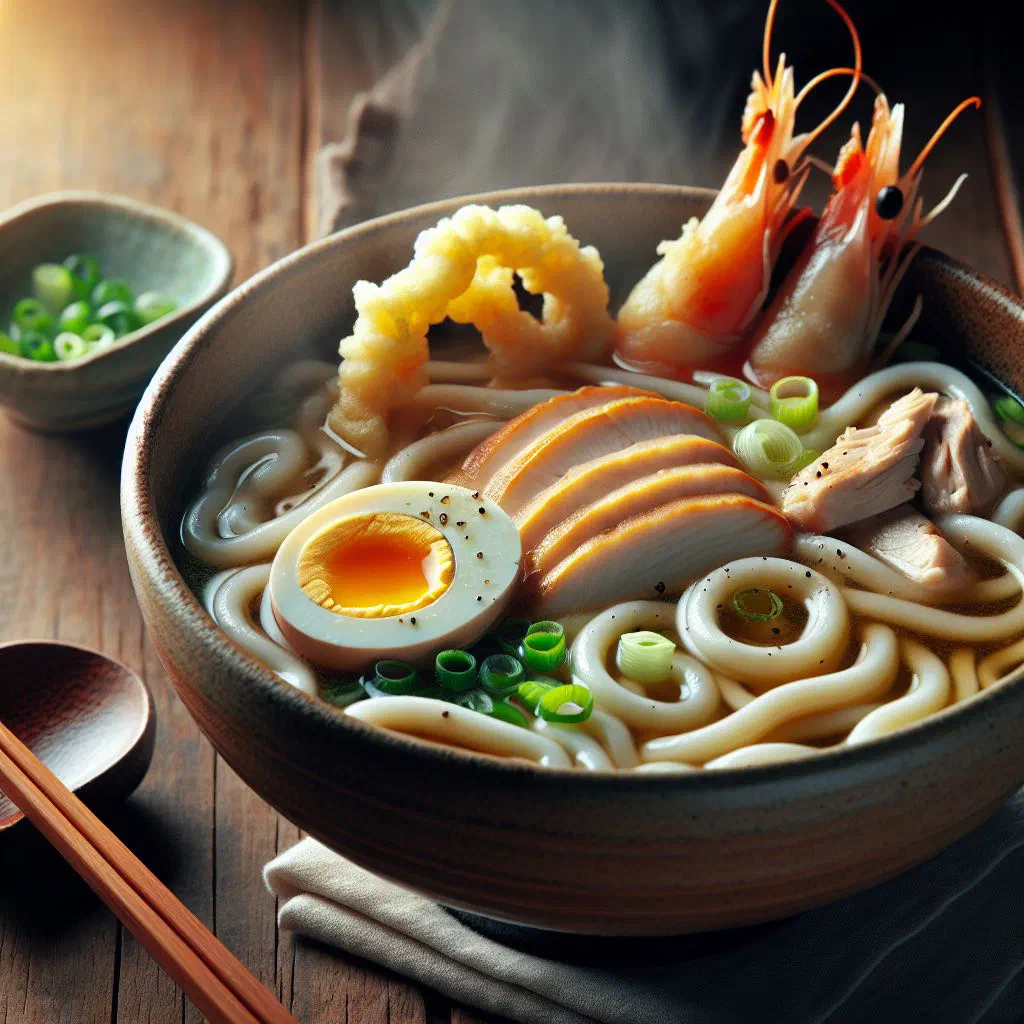 Nabeyaki udon simmering in a clay pot with chicken, vegetables and an egg
