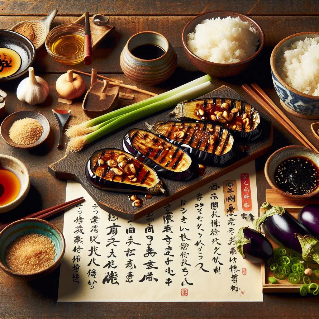 Grilled aubergine halves topped with caramelised miso glaze