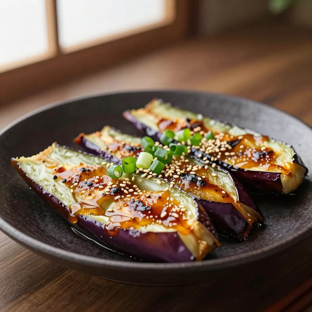Grilled aubergine halves topped with caramelised miso glaze