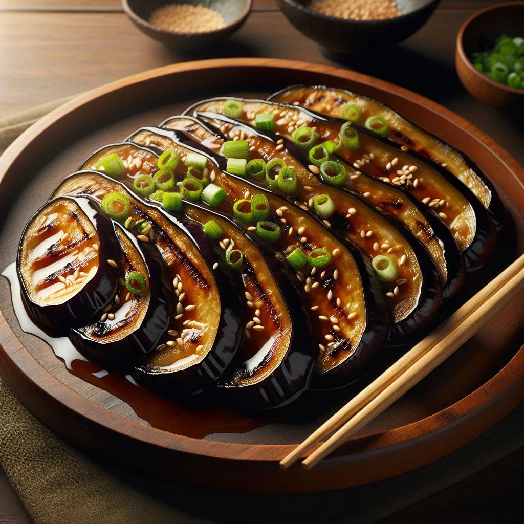 Glazed aubergine slices in miso sauce garnished with chives