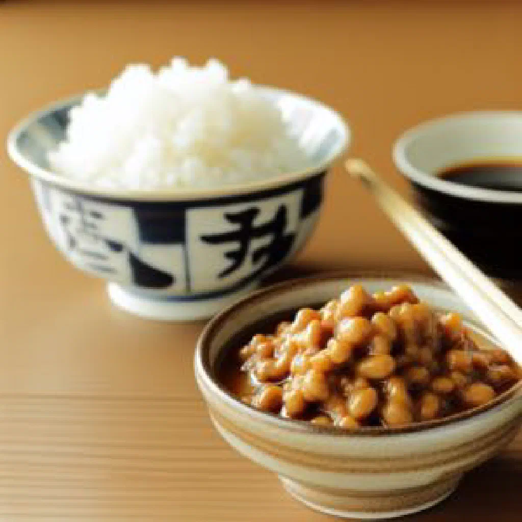 Sticky fermented natto soybeans served over steamed rice with chopped chives