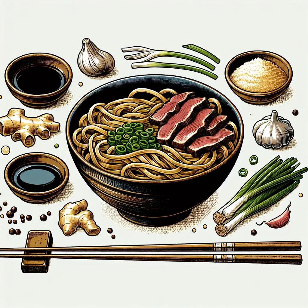 Niku udon with thin beef slices and spring onions in a savoury broth