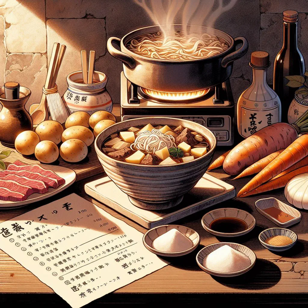 Nikujaga simmered beef and potato stew with carrots in a bowl