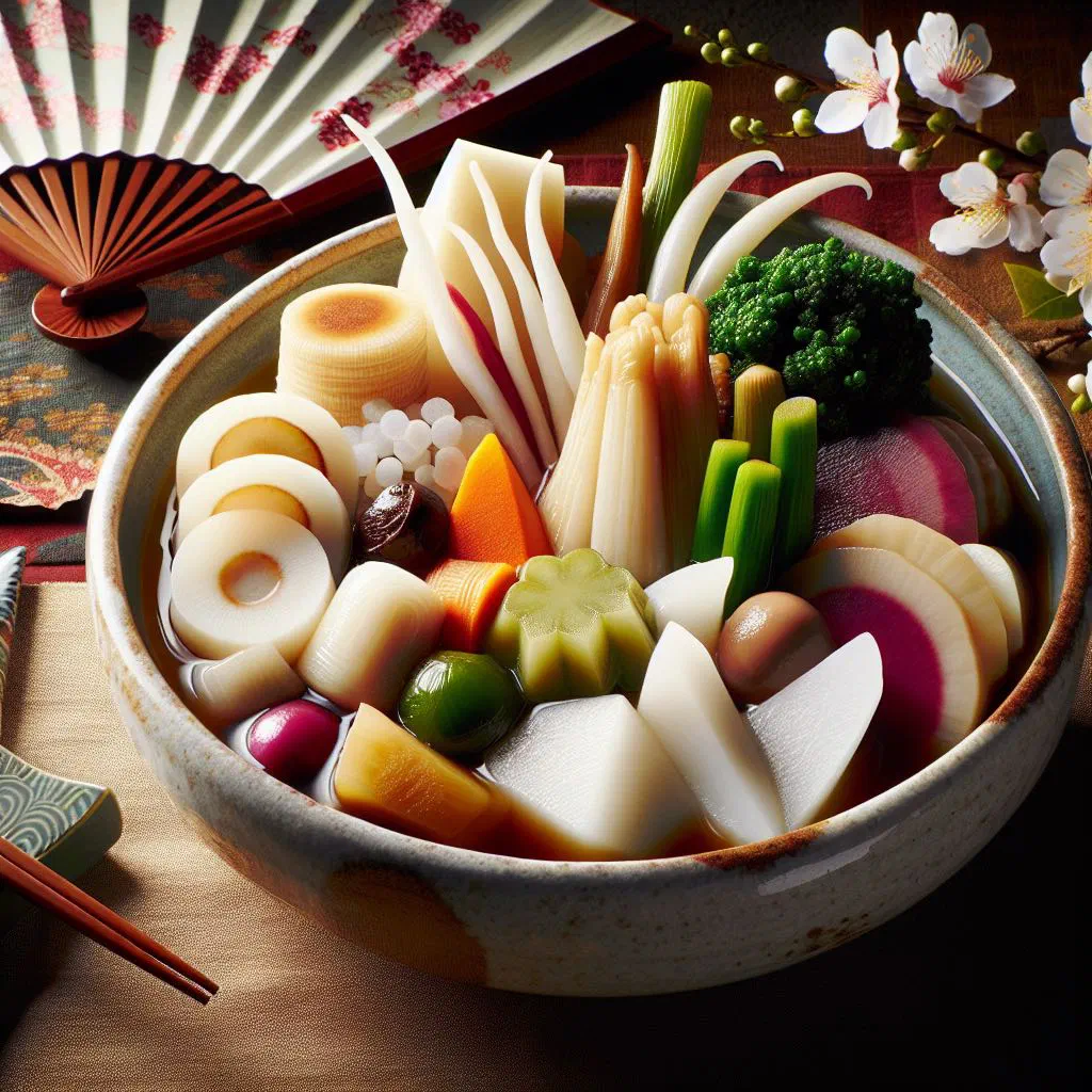 Nishime simmered vegetables and chicken served in a Japanese bowl