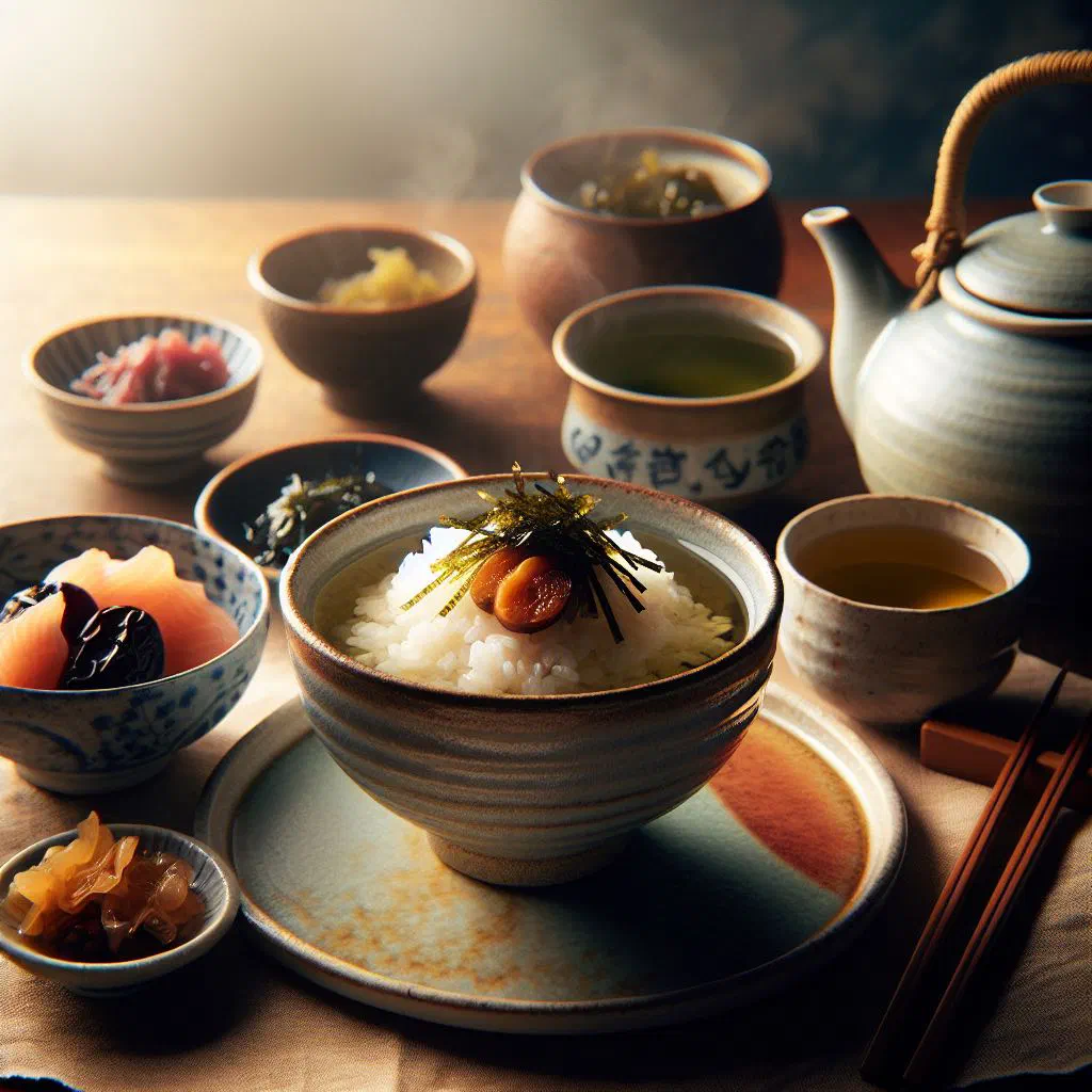 A bowl of ochazuke with rice, nori and spring onions in hot green tea