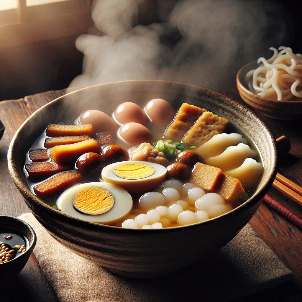 A simmering pot of oden with daikon, eggs and fish cakes in dashi broth