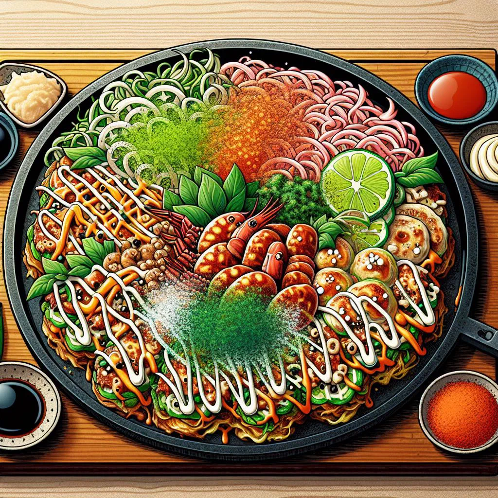 Okonomiyaki savoury pancake topped with sauce, mayonnaise and bonito flakes