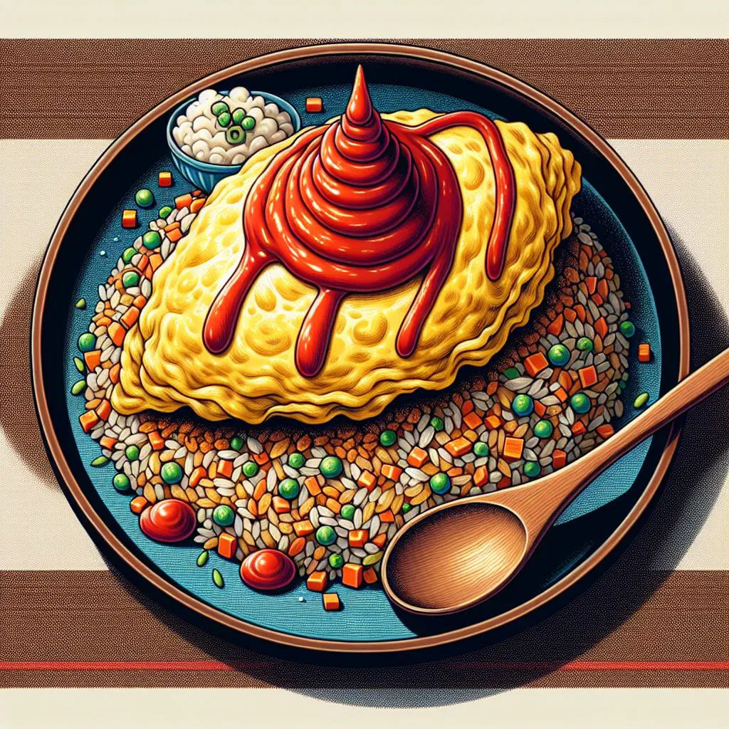 Folded omurice omelette over fried rice with a swirl of ketchup