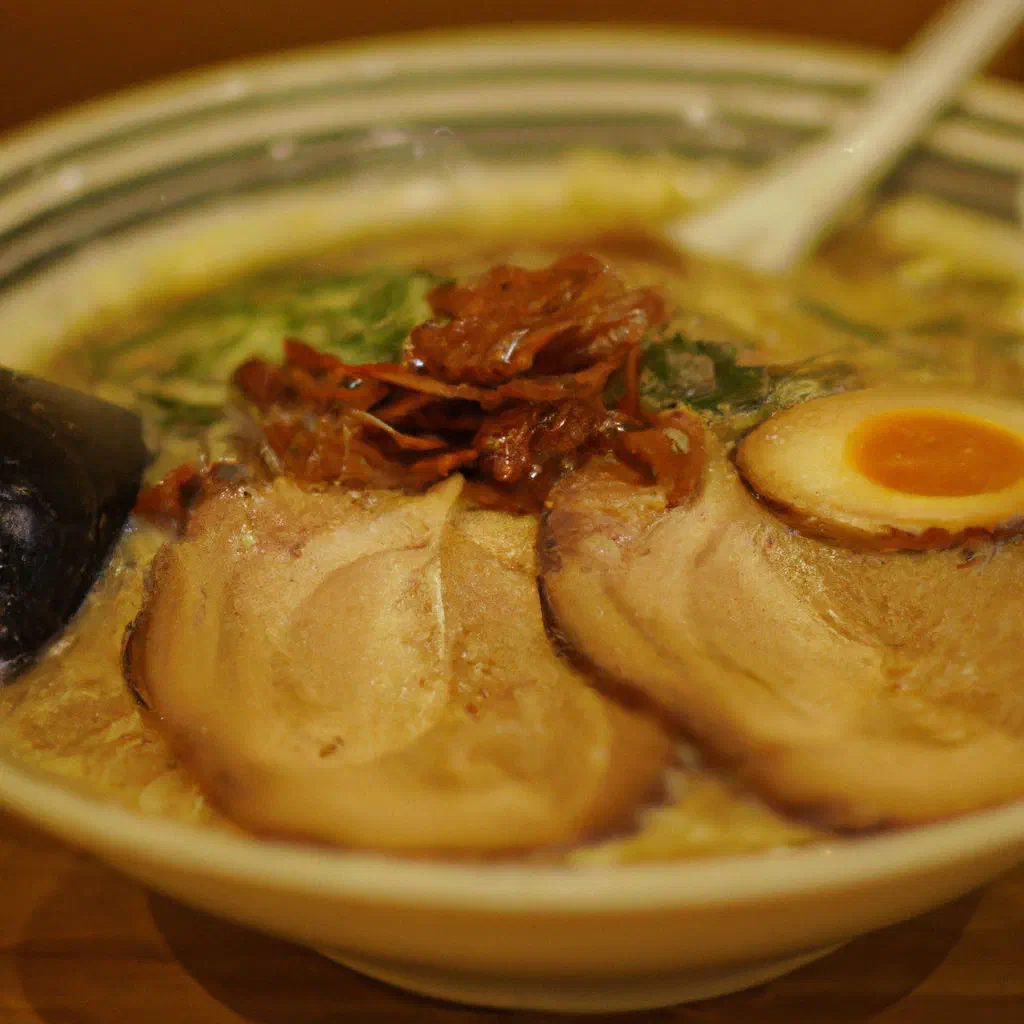 Steaming bowl of ramen with noodles, broth, a soft-boiled egg and spring onions