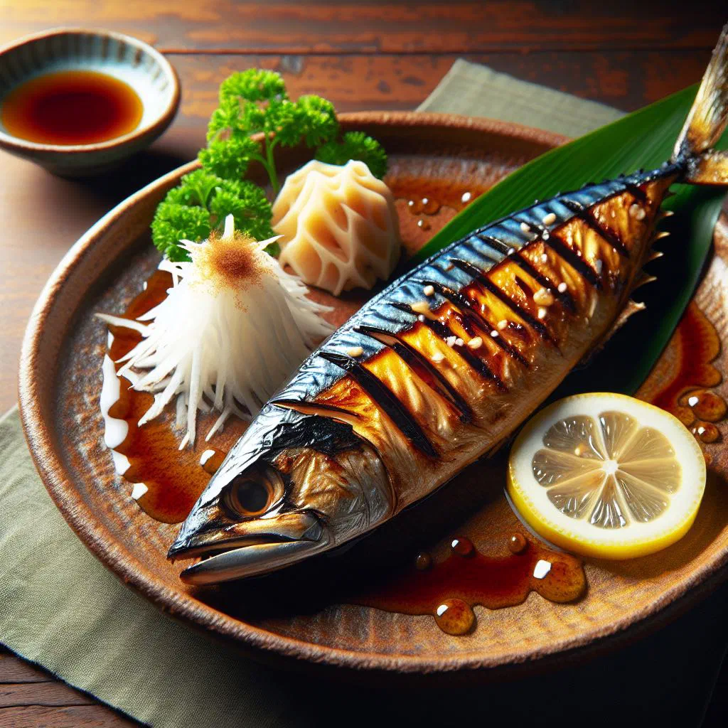 Salt-grilled mackerel fillet with crisp golden skin, served with rice and a lemon wedge