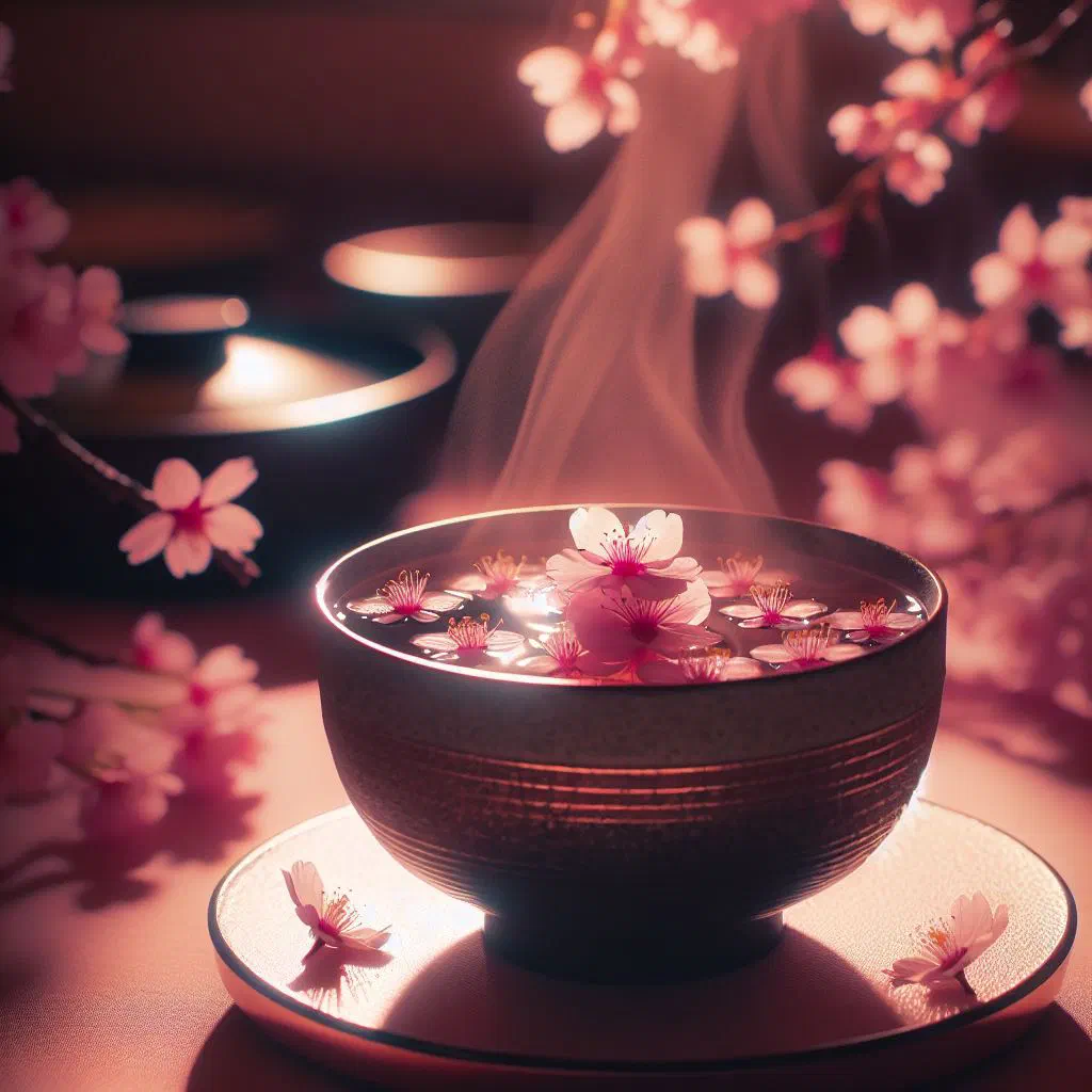 A clear glass of pale pink sakurayu with a salted cherry blossom unfurling in the hot water