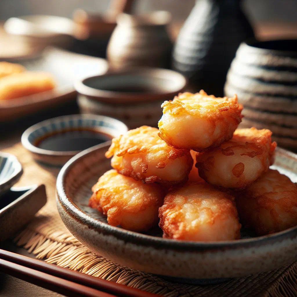Golden deep-fried Satsuma-age fish cakes served with dipping sauce