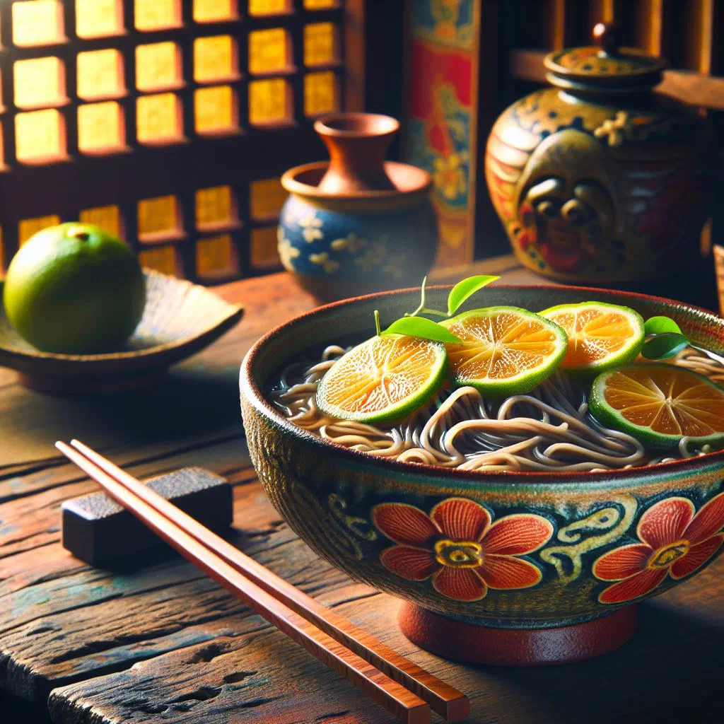 Chilled soba noodles topped with thin sudachi slices and spring onions