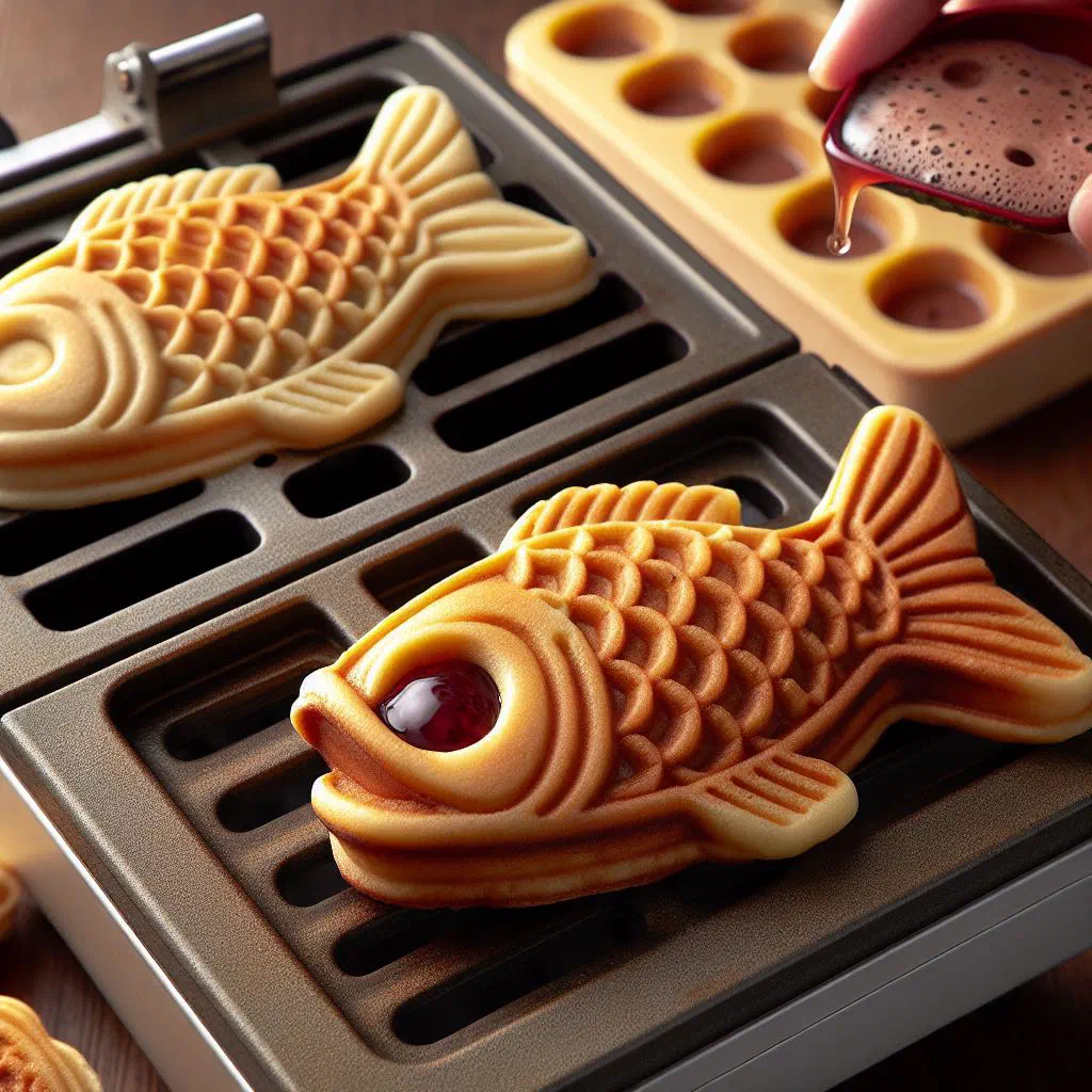 Fish-shaped taiyaki waffles filled with sweet red bean paste