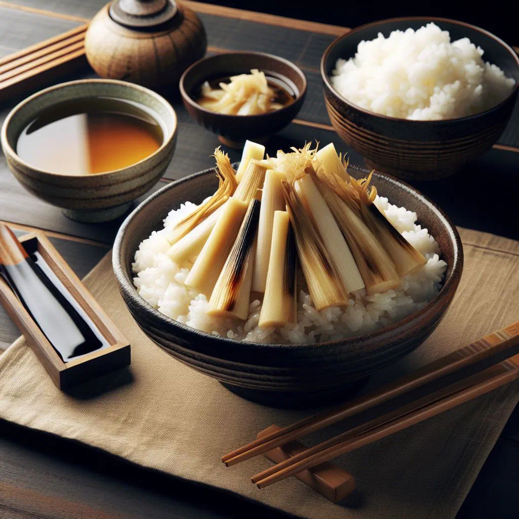 Bowl of takenoko gohan with bamboo shoots and chopped chives