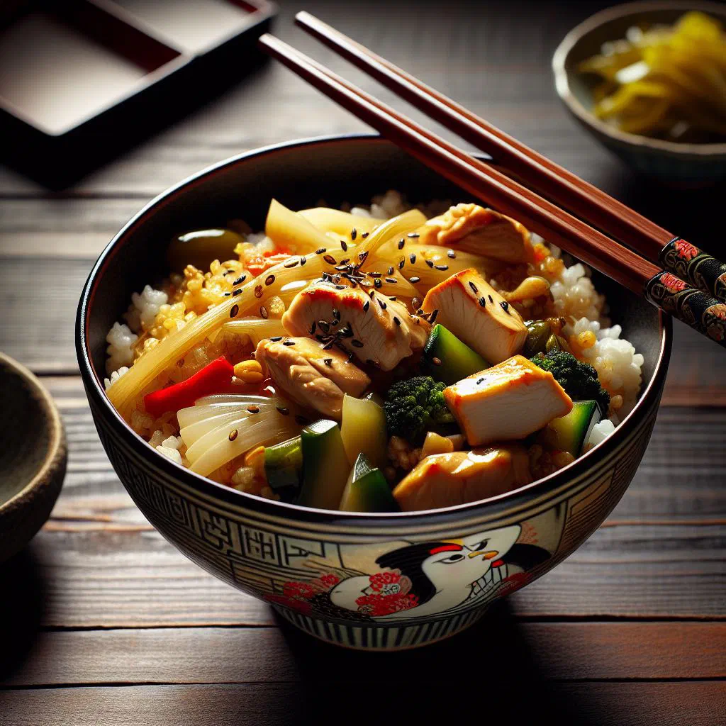 Takikomi gohan with mushrooms, carrot and spring onions in a bowl