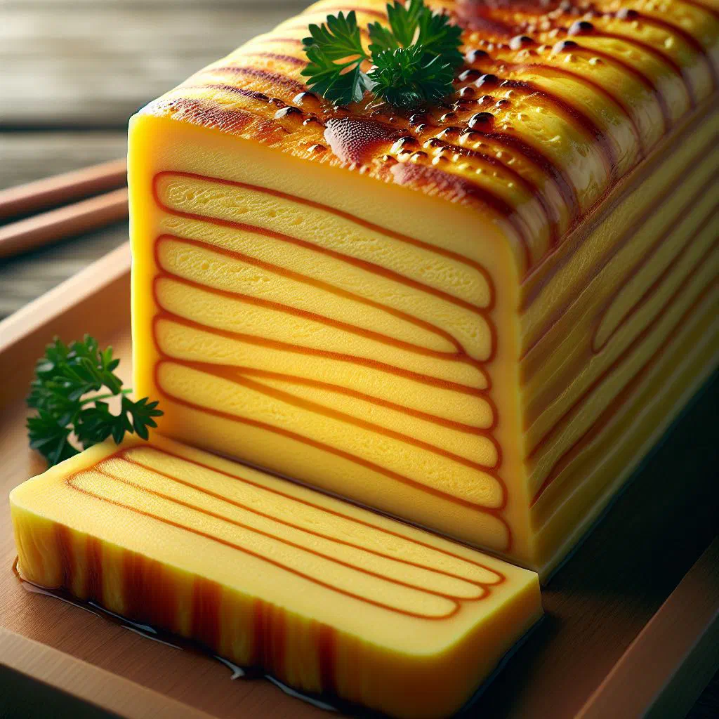 Sliced rolled Japanese tamagoyaki omelette on a plate