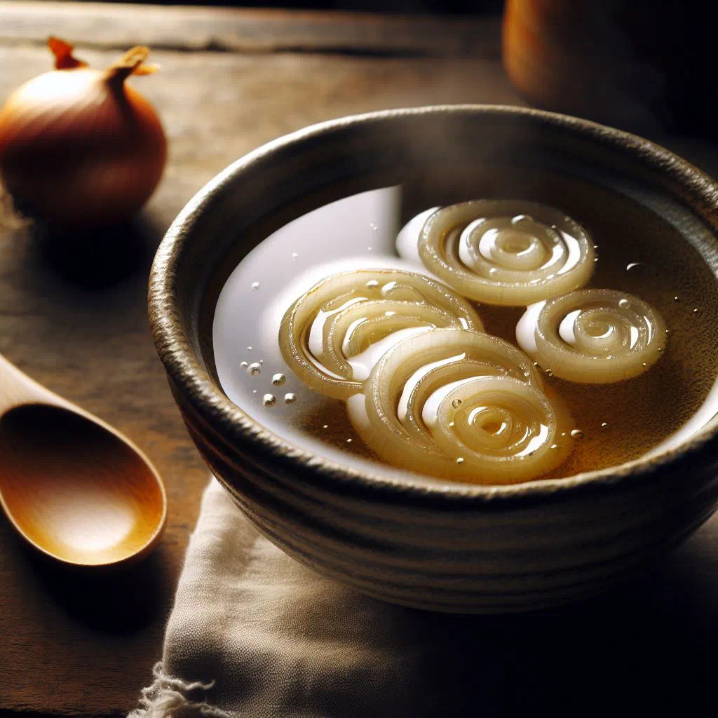 A bowl of Japanese tamanegi onion soup garnished with fresh chives