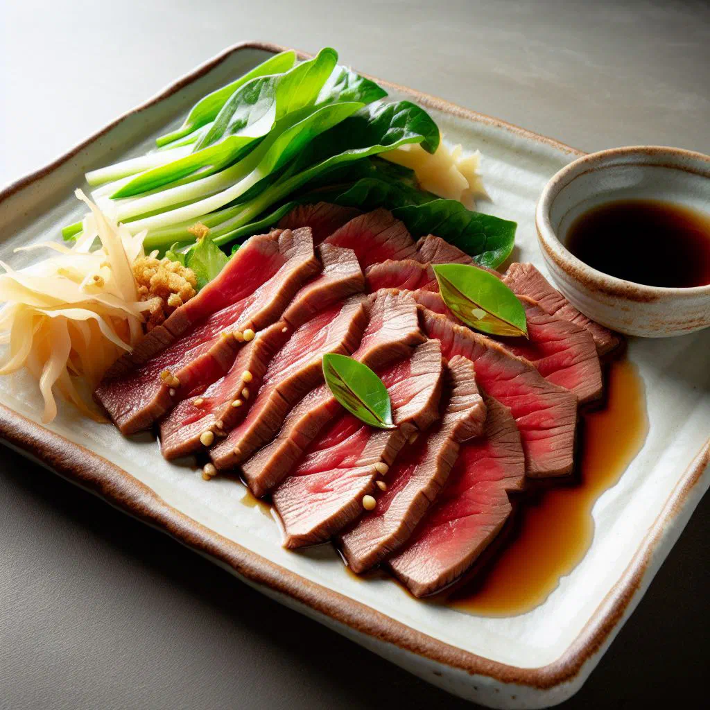 Thinly sliced seared tataki arranged on a white plate with spring onion and sesame