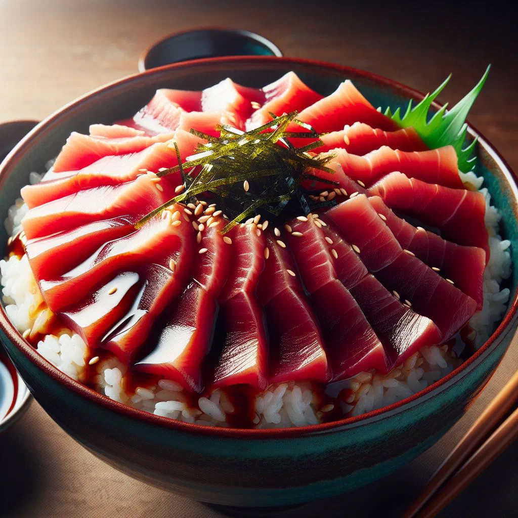 Tekka don rice bowl topped with cubes of fresh raw tuna