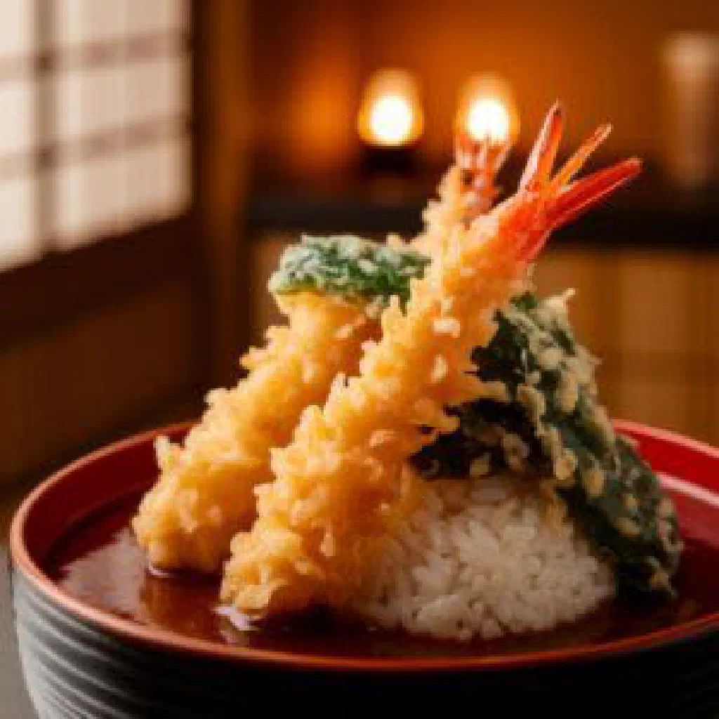 Tendon: a bowl of rice topped with crispy tempura prawns and vegetables