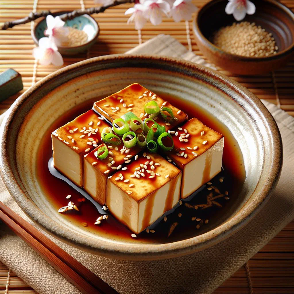 Grilled tofu skewers glazed with miso and garnished with chives