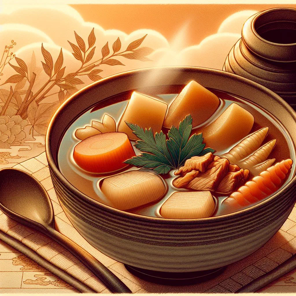 Bowl of tonjiru miso soup with pork, root vegetables and spring onions